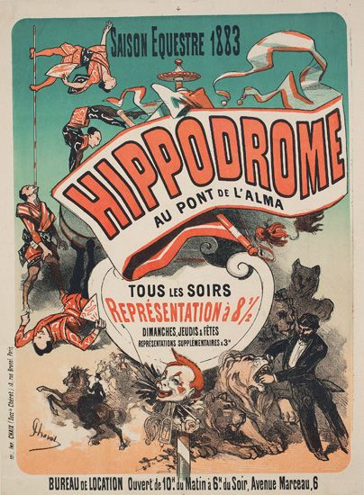 Saison Equestre 1883, Hippodrome, au pont de l’alma, tous les soirs representation a 8 1/2, dimanches, jeudis & fetes, representations supplementares 3, bureau de location ouvert de 10h du matin du soir avenue marceau,6