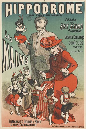 Hippodrome, Au Pont De L’Alma, Exhibition, Huit Nains, Tyroliens, Scenes Equestres, et Comiques, Variees, Lous les Soirs, Les Nains, Dimanches Jeudis & Fetes, 2 Representations, inp enile levy rde la jussense 3. paris.