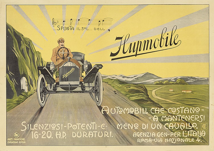 .Spunta Il SolDell,Hupmobile, Automobile Che Costano-, -A Mantenersi, Silenziosi-Potenti-e- Meno Di Un Cauallo., 16-20. H.p. Durateri. Agenzia Gen-Per L’italia, Roma-Via Nazionale 4., Arti Grafiche