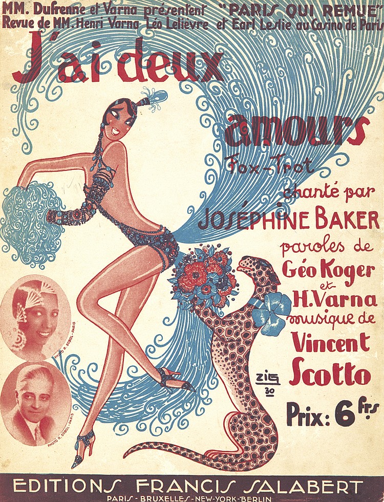 Mm. Dufrenne Et Varna Presentent “Paris Oui Remue”, Revue De Mm. Henri Varna Leo Lelievre Et Earl Leslie Au Carina De Paris, J Ai Deux, Amours, Fox   Trot, Chante Par, Josephine Baker, Paroles De, Geo Koger, Et, H.Varna, Musique De, Vincent, Scotto, Prix: 6 frs., Editions Francis Salabert, Paris Bruxelles NEw York