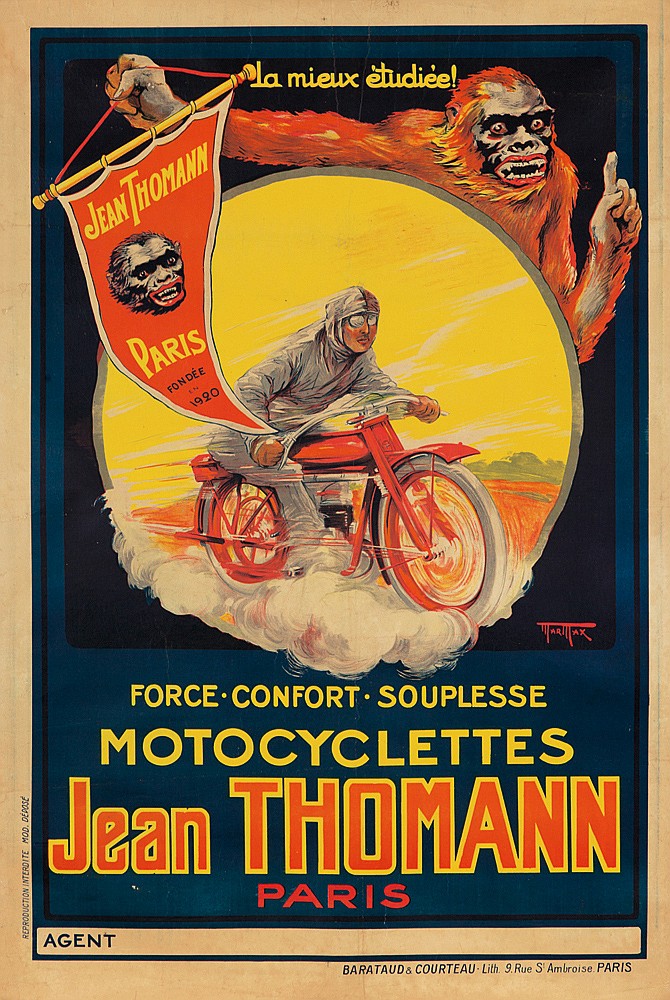 La Mieux etudiee!, Jean Thomann, Paris, Force.Confort.Souplesse, Motocyclettes, Jean Thomann, Paris, Agent, Barataud&Courteau Lith 9.Rye S.ambroise Paris.