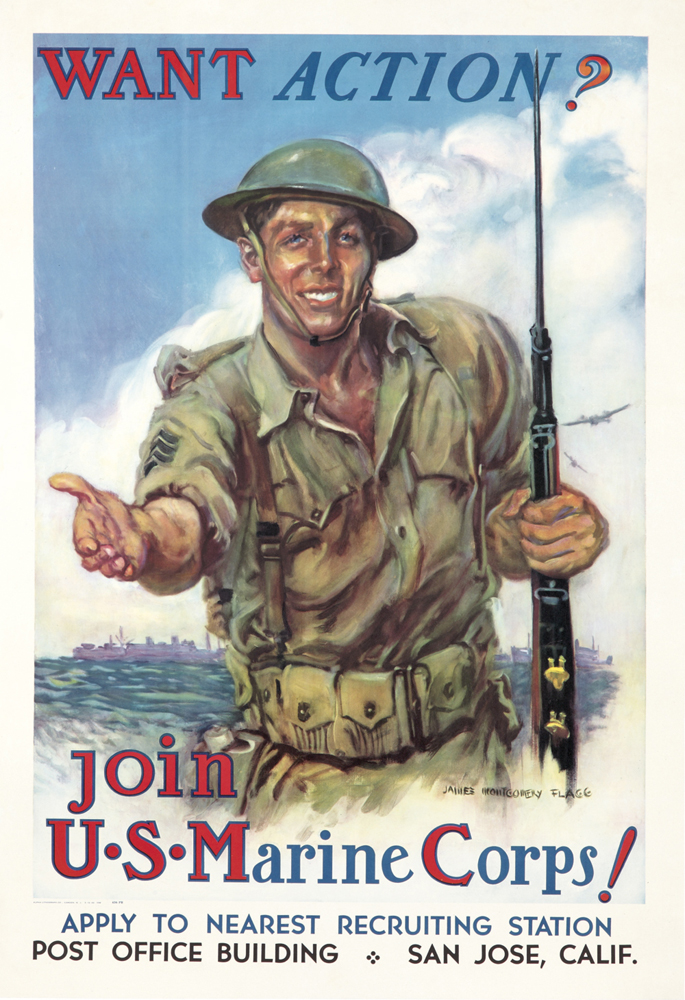 Want Action?, Join, U.S.Marine Corps!, Apply To Nearest Recruting Station, Post Office Building San Jose, Calif.