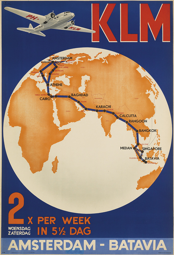KLM, athene, Cairo, Baghdad, Karachi, Calcutta, Rangoon, Bangkok, Medan, Singapore, Batavia, 2x per week, in 51/2 dag, Amsterdam batavia