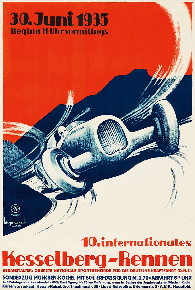30.Juni 1935, Beginn 11 Uhr Vormittags, Kid, Klotsu.Kienast, Munchen, 10.internationales, Kesselberg-Rennen, Veranstalter: Oberste Nationale Spotbehorde Fur Die Deutsche Kraftfahrt (O.N.S), Sonderzug Munchn Kochel Mit 60% Ermassigung M.2.70.Abfahrt 6 45 Uhr, Auf Zubringerstrecken ebenfalls 60 % Ermaglgug bis 76 Km Entferug wenn im Besitze der Sonderzuugkarte Munchen Kochel, Kartenvorverkauf: Hapag Reiseburo, Theatinerstr.35.Lloyd Reisburo, Briennerstr.5. A.B.R., Hauptbhf.