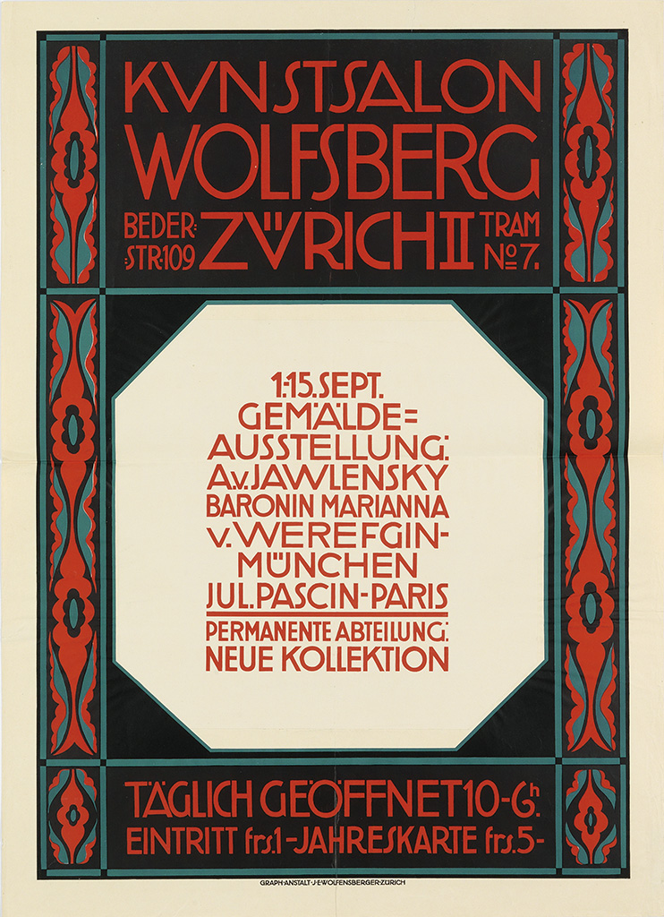 Kunstsalon Wolfsberg Beder, Str.109 Zurich, Tram No 7., 1-15. Sept. Gemalde= Ausstellung, A.V.Jawlensky, Baronin Marianna, V.Werefginmunchen Jul.Permanente Abteilung. Neue Kollektion