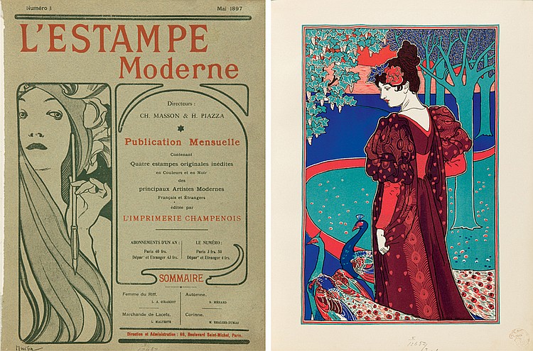Numero 1, mai 1897, l’ estampe, moderne, directcure:, ch. Masson & h. plazza, publication mensuelle, coalcant, quatre cstampes originles inedites, en couleures et ea , principaux artistes modernes, l’imprimerie champenois, ab an:, le , sommaire, automne, 65, paris