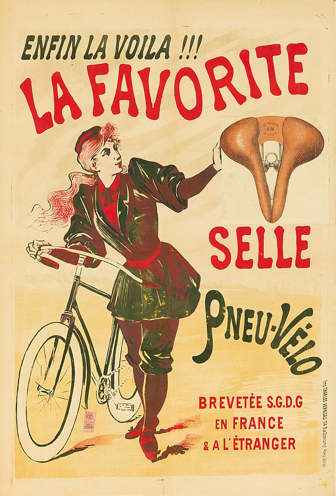 Enfin La Voila!!!, La Favorite, Selle, Pneu-Velo, Brevetee S.G.D.G, En France & A L Etranger, Imp Charles vepneau, 114 Rue Oberkampf. Paris.