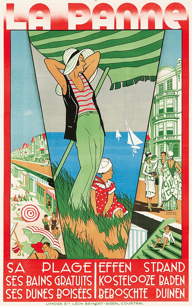 La Panne, Sa Plageieffen Strand, Ses Bains Gratuitsi Kostelooze Baden, Ses Dunes Boiseesi Beboschte Duinen, Lithogr.Ets Leon Beyaert Sloen courtral