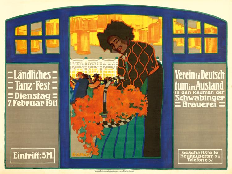 Landliches, Tanz-Fest, Dienstag, 7.Februar 1911, VereinEdDeuisch, FumimAusland, in den Raumen der, Schwabinger, Brauerei, Einfriff:5m, Geschaffstelle, Neuhauserstr. 9m, Telefon 6137.