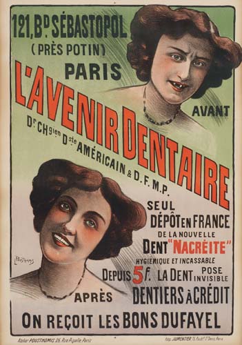121 b d sebastopol, (prespotin) paris, Avant, Lavenir dentaire, D ch gien d ste americain & D.F.M.P seul depot en france de la nouvelle dent “Nacreite”, Hygienique et incassable depuis 5 f. La dent pose invisible, Apres dentiers a credit, On recoit les bons dufayel