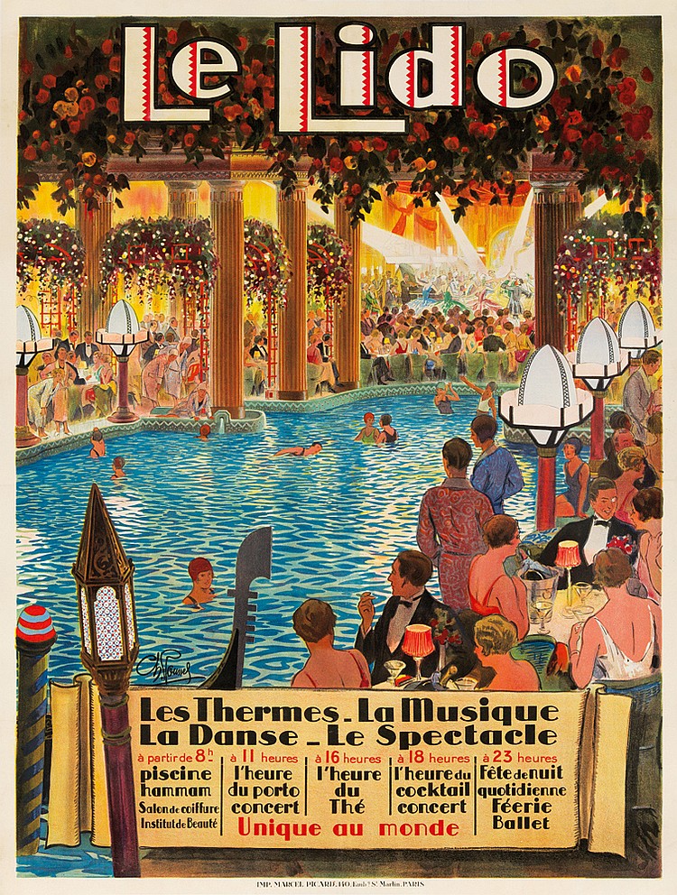 Le Lido, Les thermes_la musique, la danse_le spectacle, a partirde 8h., piscine, hammam, salon de coiffure, institut de beaute, a 11 heures, l’ heure, du porto, concert, a 16 heures, l’ heure, du, the, a 18 heures, l’ heure du, cocktail, concert, a 23 heures, fete de nuit, quotidienne, feerie, ballet, unique au monde, imp mark picaris st. paris