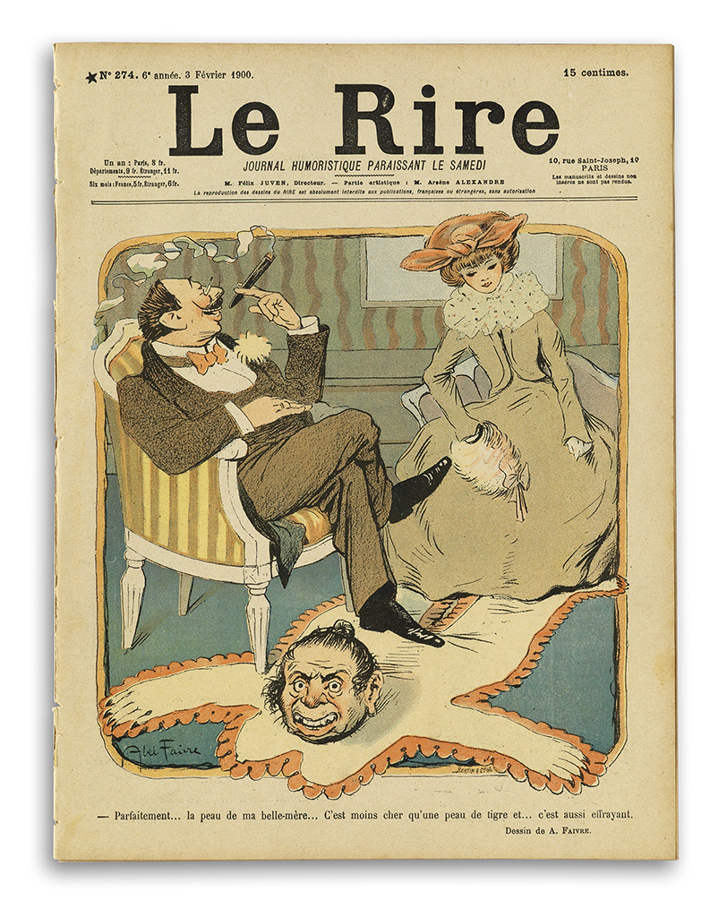 Le Rire, Journal Humoristique Paraissant Le Samedi 10, rue Salnt-Josopb,10, Paris, Parfaitement La Peau De Ma Belle-Mere G’est Moins cher Qu’Une De Tigre Et C’Est Aussi Ellrayant. Dessin De A. Faivrr