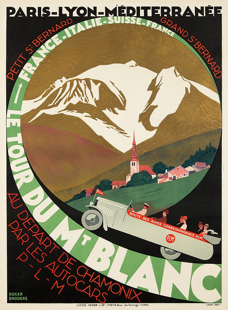 Paris-Lyon-Mediterranee, Petit St. Bernard, Grand St. Bernard, Le Tour du Mt. Blanc, France-Italie-Suisse-France, Route des alpes correspondance PLM, PLM, AU, Depart De Chamonix, Parles Autocars, P-L-M, Roger, Broders, Lucien serre Imp. 19 Rue Du Terrage Paris, Juin.1927.