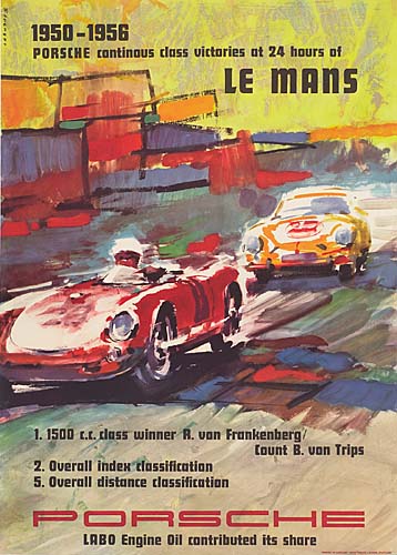 1950-1956, Porsche cantinaus class victaries at 24 hours of le mans, 1. 1500 c.c class winner R, van frankenberg caunt B. van trips, 2. Overall index classification, 5. Overall distance classification, Porsche Labo engine oil contributed its share