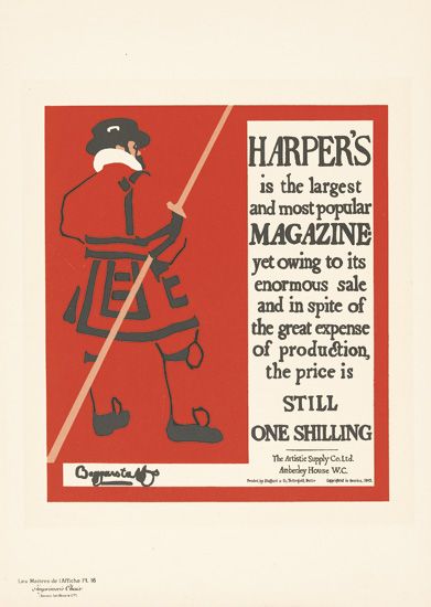 Harper’s,  is the largest,  and most popular, Magazine, yet owing to its, enormous sale, and in spite of, the great production, the Price is, Still, One Shilling, The Artiste Supply Co. Ltd. Anbecky House W.C.