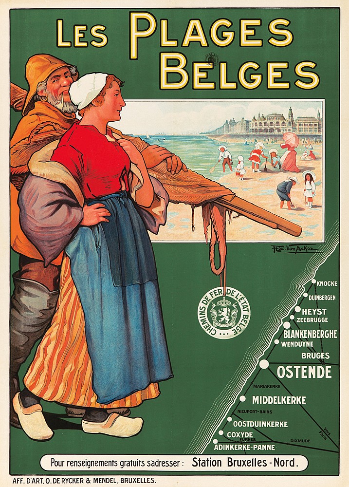 Les Plages, Belges, Flo. Van Ackoz, Chemins De Fer Deletat Belge, Knocke, Duinbergen, Heyst, Zeebrugge, Blankenberghe, Wenduyne, Bruges, Marlakerke, Middelkerke, Nieuport-Bains, Oostduinkerke, Coxyde, Furnes, Vers, Paris, Dixmude, Adinkerke-Panne, Pour Renseignements Gratuits Sadresser: Station Bruxelles-Nord. Aff. D’Art, O. De Rycker & Mendel, Bruxelles.