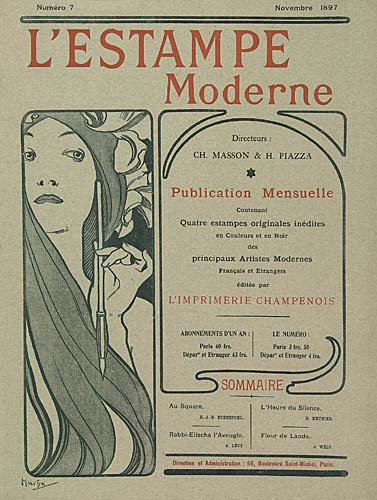 Numero 2 Juin 1897, L’Estampe, Moderne, Directeurs :, Ch. Masson & H. Piazza, Publication Mensuelle, Contenant, Quatre Estampes Originales Inedites, En Couleurs Et En Noir, Des, Principaux Artistes Modernes, Francais Et Etrangers, Editee Par, L’Imprimerie Champenois, Abonnements D’Un An:, Paris 40 Frs., Depar Et Etranger 43 Frs., Le Numero :, Paris 3 Frs. 50, Depar Et Etranger 4 Frs., Sommaire, Renouveau., E.Berchmans. Retour. G.De Feure, Rlese. A. Berton. Salome. A Mucha., Direction Et Admistration : 66, Boulevard Saint  Miohel, Paris.