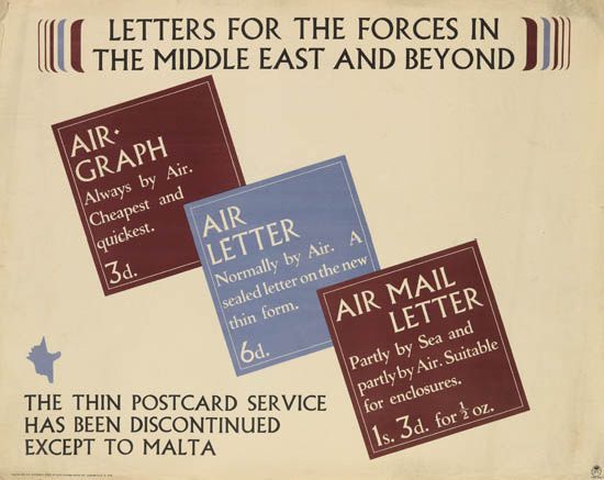letters for forces in the middle east and beyond, air graph, always by air. Cheapest and, quickest. 3d, air letter, normally by air. A sealed letter on the new thin for.,6d. Air mail letter partly, by sea and partly by air suitable for enclosures. 1s.3d.for 1/2oz, the thin postcard, service, has been discontinued, except to malta