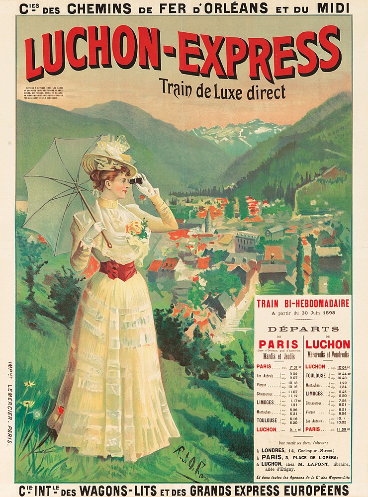 Cies Des Chemins De Fer D’ Orleans Et Du Midi, Luchon-Express, Train De Luxe Direct, Train Bl-Hebdomadaire, A Partir Du 30 Juin 1898, Departs, Dx, Paris, Mardis At Jeodis, Paris 7′ 31, Les A 9.02-, 9.07-, Vier 10.13-, 10.16-, Co 11.07-, 11.12-, Limoges… 1.17, 1.21-, M… 5.26-, 5.31-, Toulouse.. 6.16-, 6.20, Luchon.. 9, De Luuchon, Meraredis Et Vendredis, Luchon.. 10.04, Toulouse,, 12.44, 12.48-, Mo… 1.29-, 1.34-, Limoges… 5.45-, 5.50, C… 7.56, 8.01-, Vi … 10., 10.05, Paris… 11.59, Londres, 14, Cockspur – Street;, Paris, 3 Place De L’ Opera:, Luchon, Chez M. lAFONT, lIbraire, Allee D’Etigny., Et Dans Toutes Les Agences De La C” Des Wogons-Lits, Cie. Intle Des Wagons-Lits Et Des Grands Express Europeens, Imp Les Lemercier. Paris.