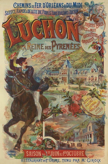 Chemins de fer d’orleans & du midi, service rapide & de luxe de paris care dorleans luchon, theatre bals fetes de nuit orchestre broustet, la reine des pyrenees, fetes de fleurs courses petits cheraux jeux devers, saison du lr juin au 1 octobre. restaurant de 1 ordre tenu m ciroix.