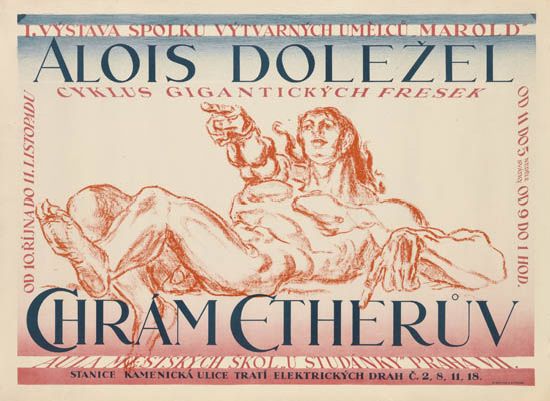 Lvystava Spolku Vytvarnych Umelcu Marold Alois Dolezel Cyklus Gigantickych Fresex Charam Ettheruv Aula Mesiskych Skol U Studanky Prahami. Stanice Kamenicka Ulice Trati Electrickych Drah C. 2. 8. 11. 18 Od 10. Rijnado 11. Listopadu Od 11 Do5 Od 9 Do 1 Hod.