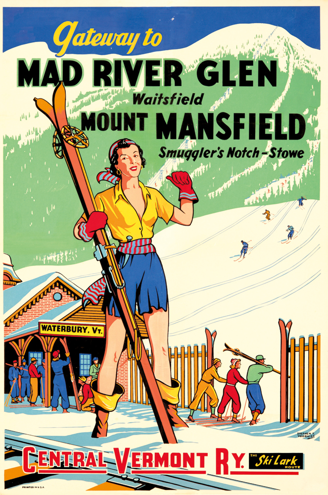 Gateway to Mad River Glam, Mount Mansfield, Central Vermont Ry. Woman skiing