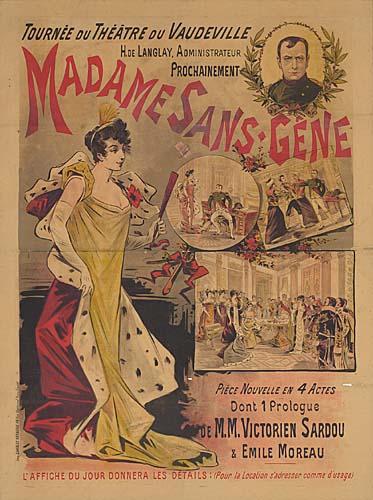 Madame Sans Gene, woman in yellow dress and red cape