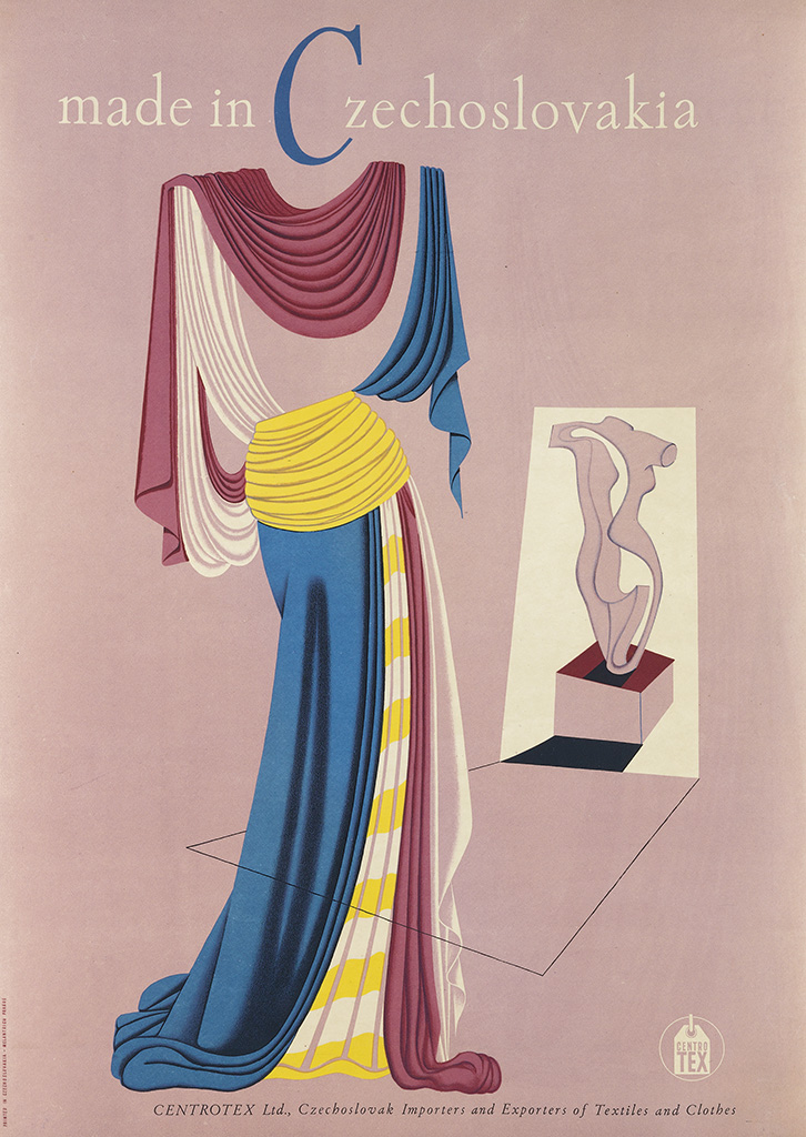 Made in Czechoslovakia, purple poster, dress made of fabrics