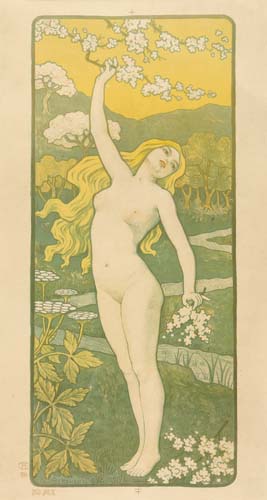 Long poster, nude woman, white flowers