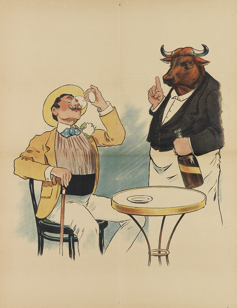 Man at a table served by a bull