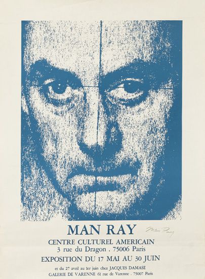 Man Ray Centre Culturel Americain, blue and white sketch of a man’s face