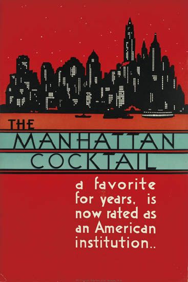 The Manhattan Cocktail, red poster, skyline