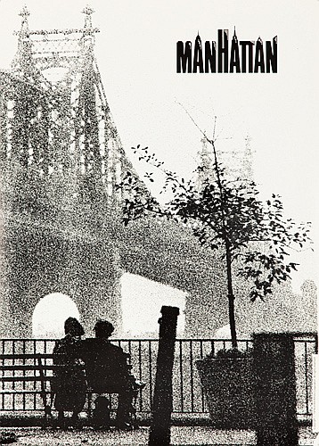 Manhattan, black and white poster, couple sits on a bench