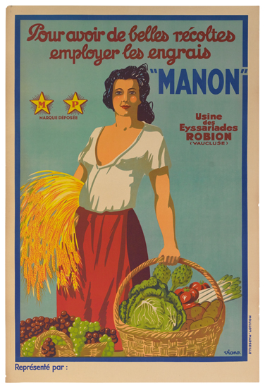 Pour avoir de elles recoltes employers les engrais Manon, woman holds a basket of vegetables