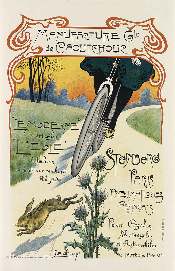 Manufacture Cie de Croutchouc, woman on bicycle, rabbit