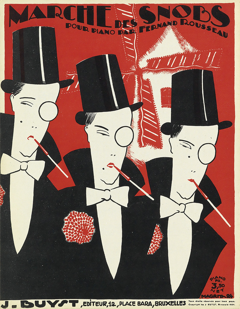 Marche des Snobs, red poster, men in suits and tophats