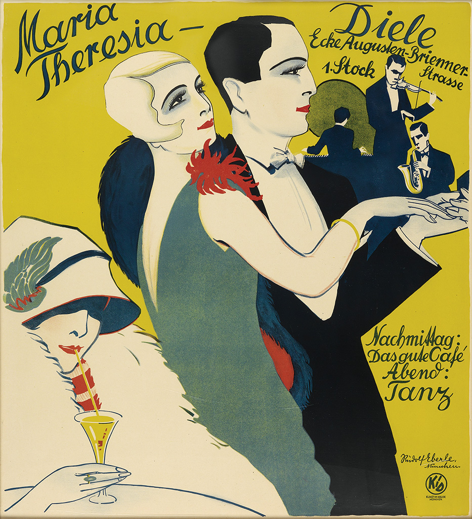 Maria Theresia, Diele, yellow poster, woman in white fur coat