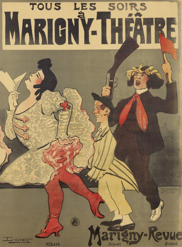 Tous les Soirs, Marigny Theatre, woman in grey and red, short man, man in black with a gun and red flag