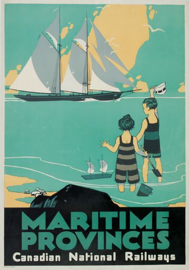 Maritime Provinces Canadian National Railways, blue poster, children playing, sailboats