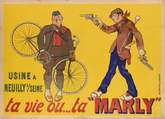 Usine a Neuilly S/Seine ta vie outa “Marly” man with bicycle, man with gun, yellow poster