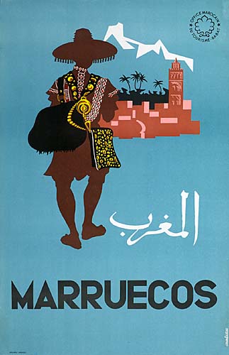 Marruecos, blue poster, man walks towards town