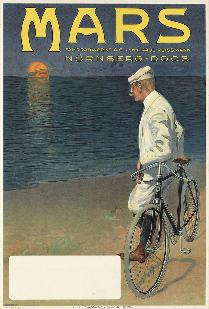 Mars Nurnberg Doos, man in white with a bicycle on the beach