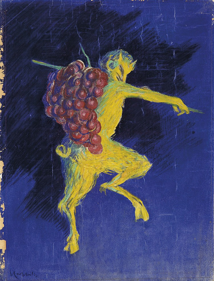 Blue poster, green man carries grapes