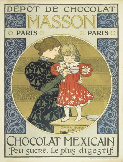 Depot de Chocolat Masson, Chocolat Mexicain, woman and child, blue background