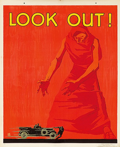 Look Out! Red poster, man hit by a black car