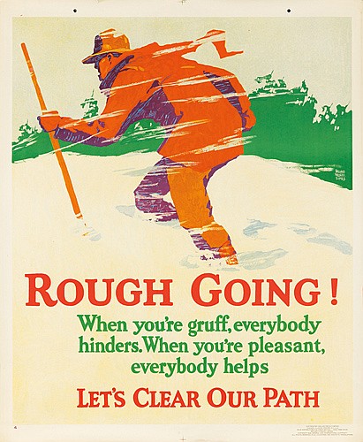 Rough Going, Let’s Clear our path, man in red walks through snow