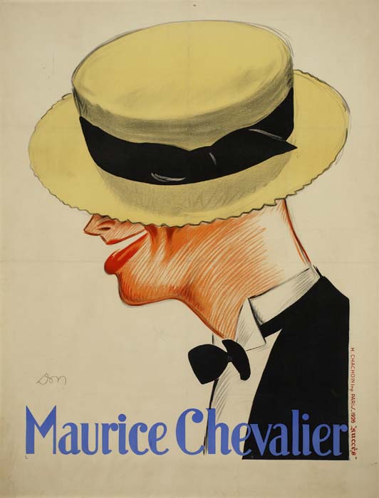 Maurice Chevalier, profile of a man in a straw hat, son