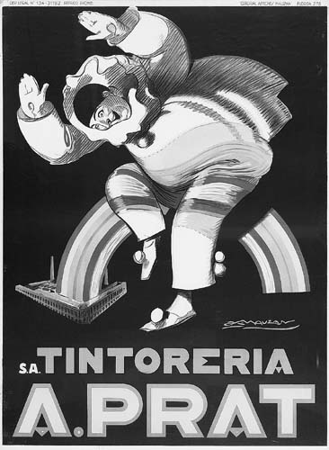 SA Tintoreria A. Prat, black and white poster, rainbow, clown