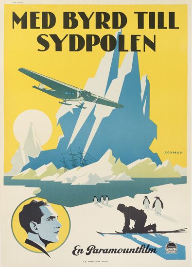 Med Byrd Till Sydpolen, yellow poster, Skier, glaciers, penguins
