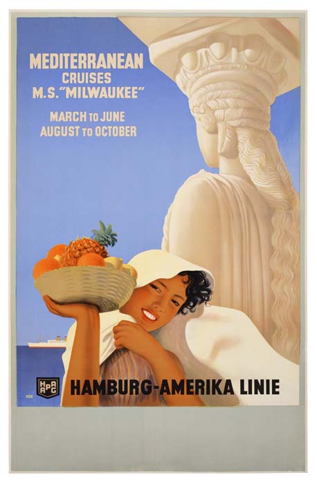 Mediterranean Cruises M.S. Milwaukee, statue, woman carries basket of fruit, Hamburg-Amerika Linie